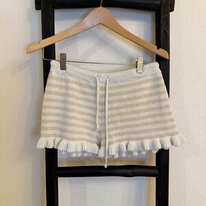 POL Striped Knit‎ Shorts Women's Beige Tan Drawstring Ruffle Hem Lounge XS S